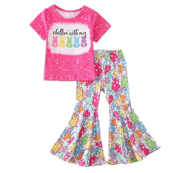 Easter girls Outfits boutique bunny short sleeve top bell-bottoms flare pants set