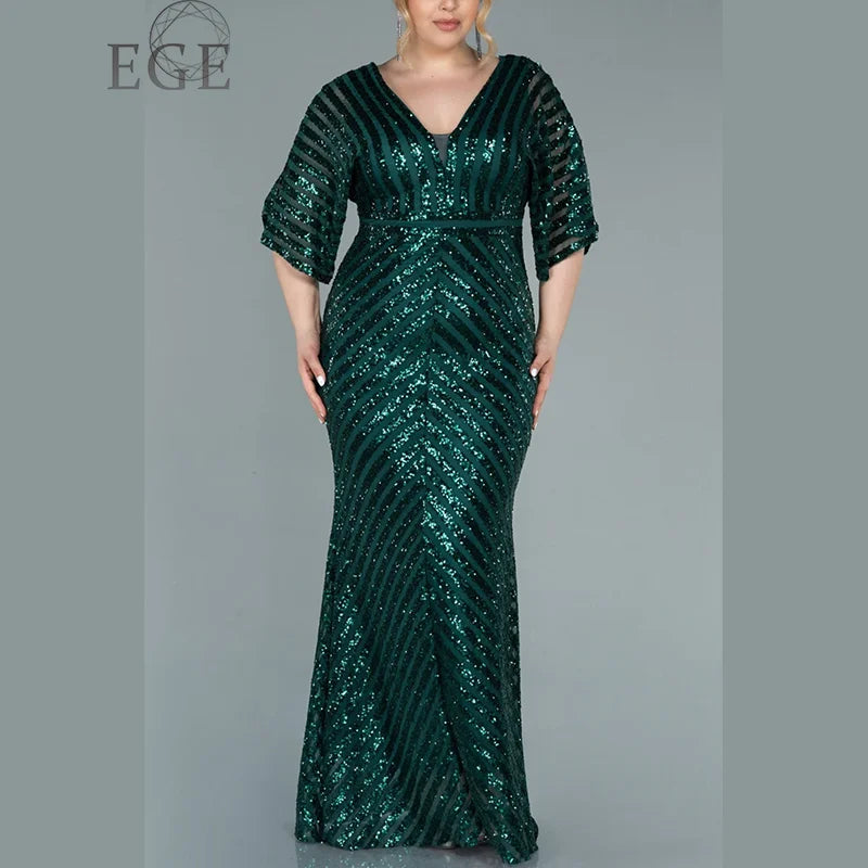 Plus Size V Neck Horizontal Stripes Green Sequins Luxury Dress 4XL5XL