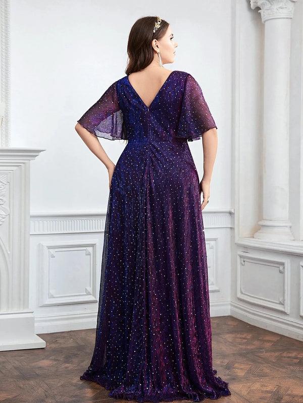 Plus Size Plunging Neck Butterfly Sleeve Glitter evning prom gown
