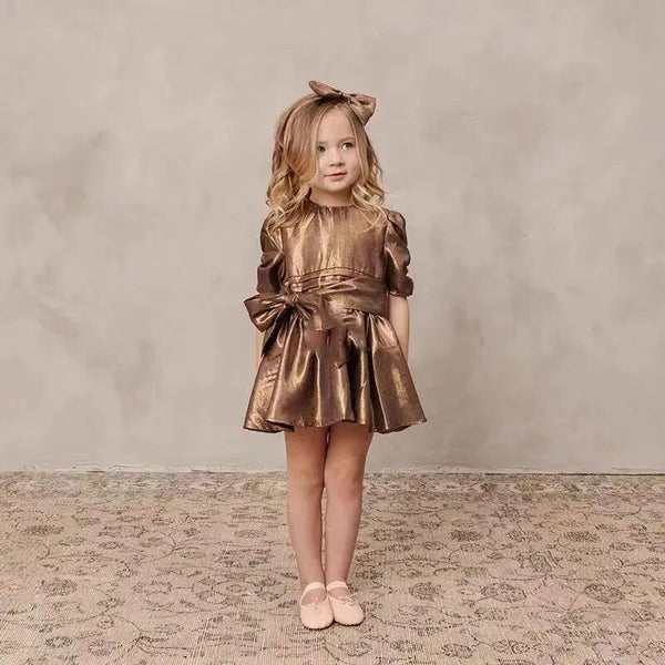 Baby Girl Princess Vintage Dress Golden Pink Bow Party Birthday Ball Gown Baby Clothes 1-10Y - Cute As A Button Boutique