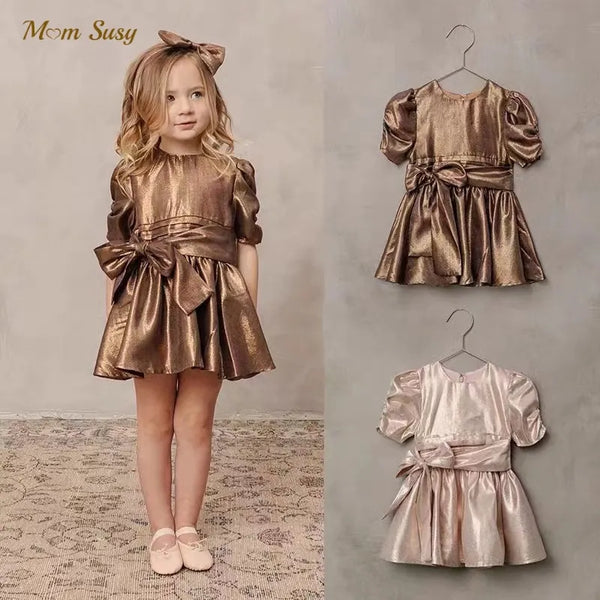 Baby Girl Princess Vintage Dress Golden Pink Bow Party Birthday Ball Gown Baby Clothes 1-10Y - Cute As A Button Boutique