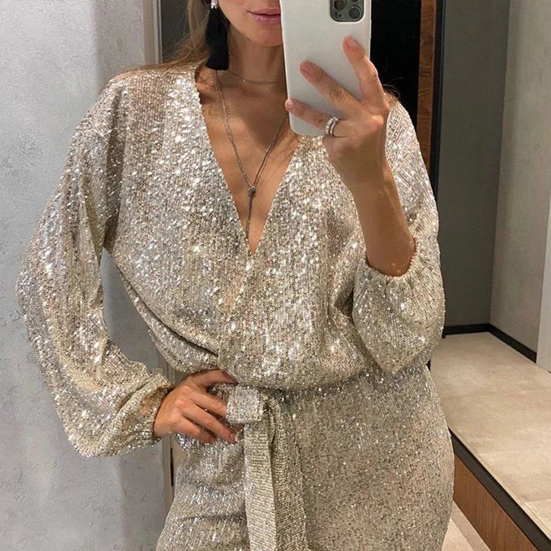 V-neck Glitter Sequin Shiny Jumpsuits Lace-up Slim Straight Long Sleeve Party Overalls