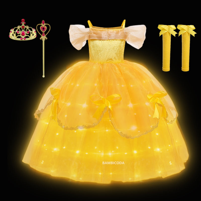 Girl Belle Dress Up Children Party Princess Costume LED Light Kids Beauty and The Beast Halloween Carnival Outfit - Cute As A Button Boutique