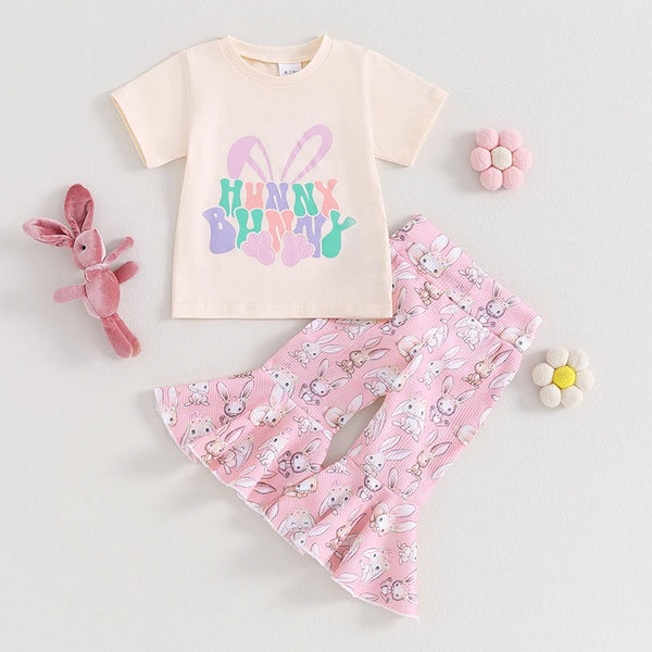 0-4Y Toddler Baby Girls Easter Clothes Sets Outfits Short Sleeve T-Shirt Bunny Flare Pants