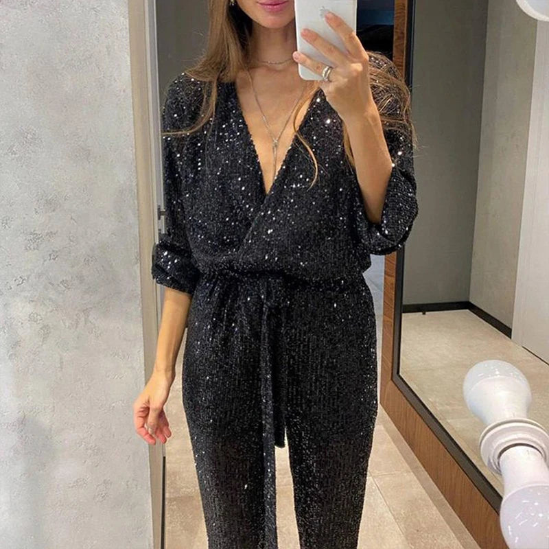 V-neck Glitter Sequin Shiny Jumpsuits Lace-up Slim Straight Long Sleeve Party Overalls