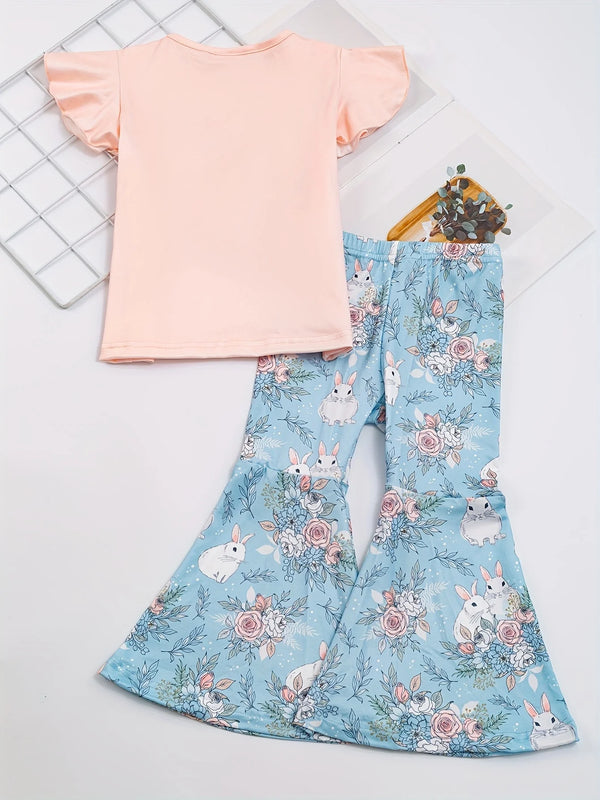 Spring/Summer Easter Girls Bunny Floral Print Short-Sleeved Top + Bell-bottom Pants Set