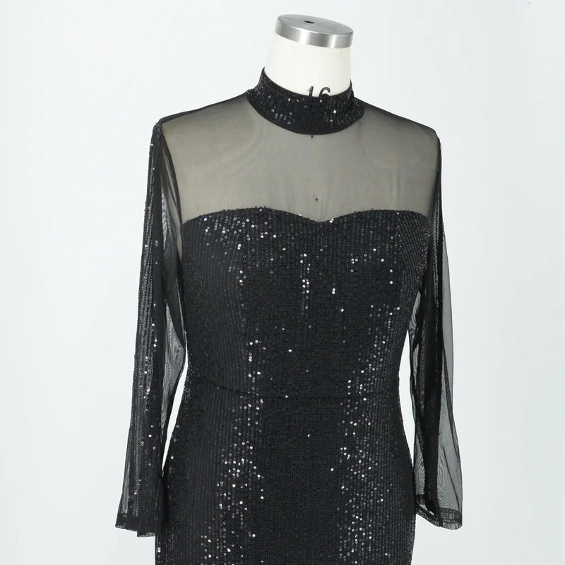 Plus Size Women Sequins Lace Splicing Black Elegant Evening Dresses Long Sleeve