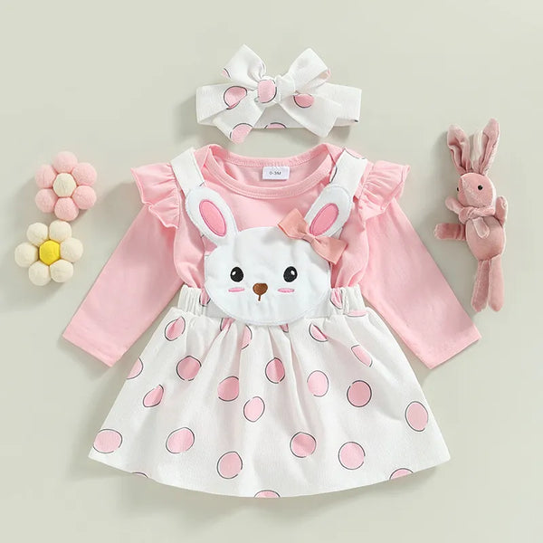 Easter Infant Baby Girls Jumpsuits Set Ruffle Long Sleeves Romper and Cartoon Bunny Suspender Skirt Headband 3pcs Outfit