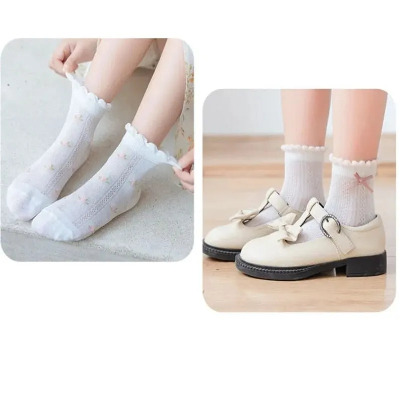 5 Pairs of Girls Socks Cotton Comfortable Hollow Lace Small Strawberry Flowers Cute Outfit Accessories For Spring and Summer
