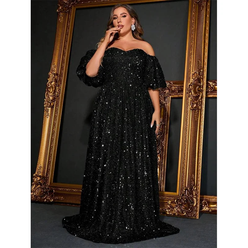 Plus Size Off-Shoulder Short-Sleeved Gray Silver Sequined Shiny Long Loose Evening Dress