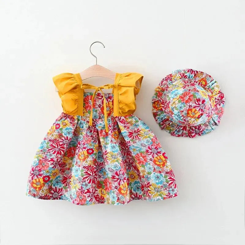 Summer New Girl Baby Strap Dress Flower  0-3 Year Old Comes with Hat