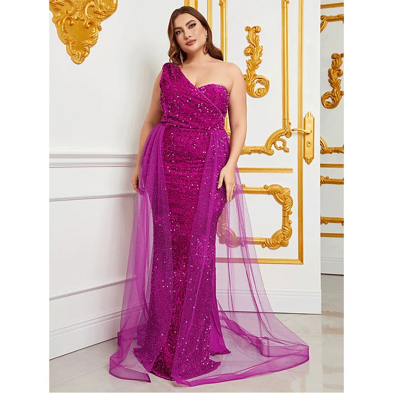 Plus Size Summer One Shoulder Velvet Sequin Glitter  Evening Gown