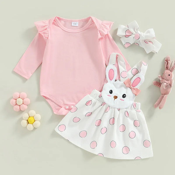 Easter Infant Baby Girls Jumpsuits Set Ruffle Long Sleeves Romper and Cartoon Bunny Suspender Skirt Headband 3pcs Outfit
