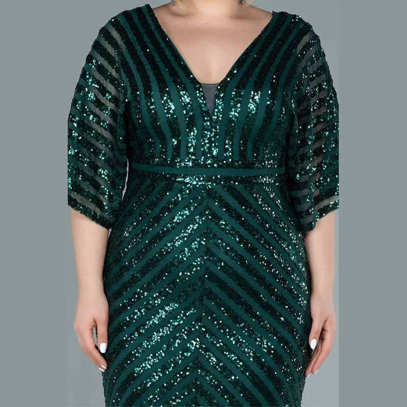 Plus Size V Neck Horizontal Stripes Green Sequins Luxury Dress 4XL5XL