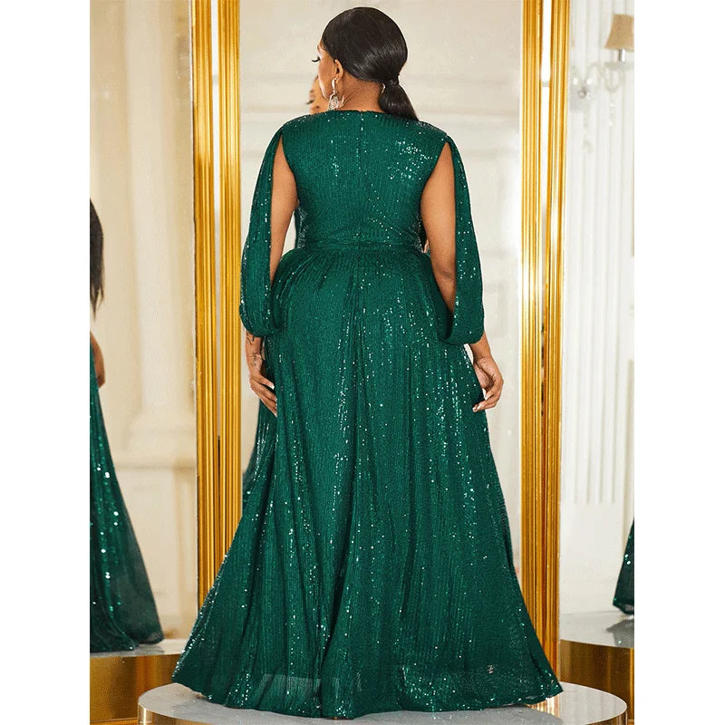 Plus Size V-Neck Black Dark Green Shiny Sequined Long Evening prom Dress