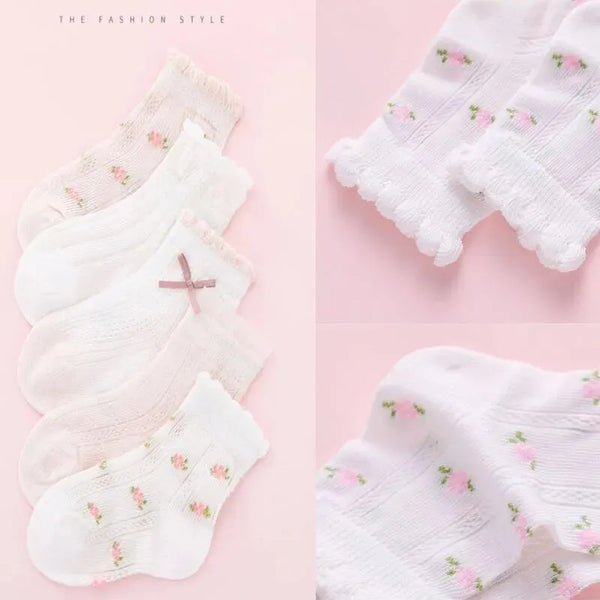 5 Pairs of Girls Socks Cotton Comfortable Hollow Lace Small Strawberry Flowers Cute Outfit Accessories For Spring and Summer