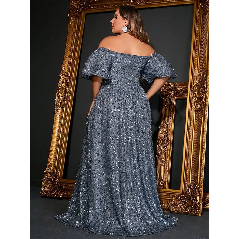 Plus Size Off-Shoulder Short-Sleeved Gray Silver Sequined Shiny Long Loose Evening Dress