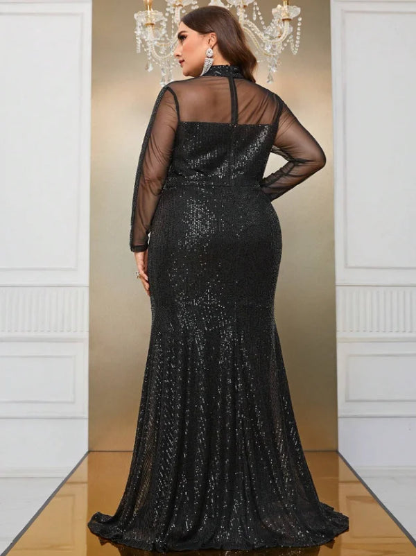 Plus Size Women Sequins Lace Splicing Black Elegant Evening Dresses Long Sleeve