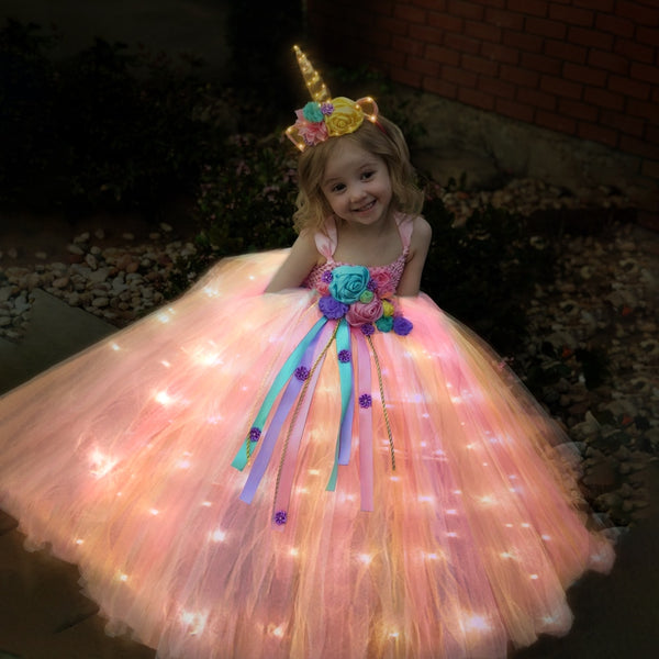 Unicorn Girls Children LED Light Up Dress Kids Birthday Party Princess Costume - Cute As A Button Boutique