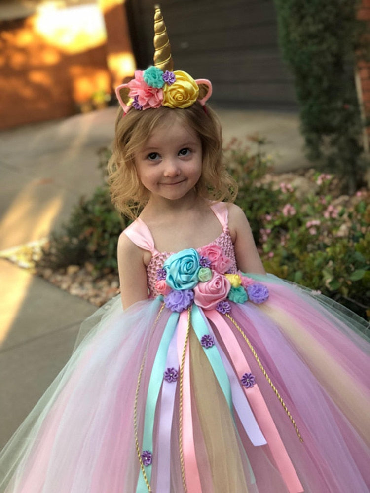Unicorn Flower Tutu Dress Girls Pastel Ball Gown with Daisy Ribbons Children Party Costume Dress - Cute As A Button Boutique