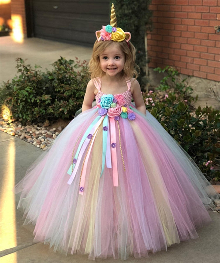 Unicorn Flower Tutu Dress Girls Pastel Ball Gown with Daisy Ribbons Children Party Costume Dress - Cute As A Button Boutique
