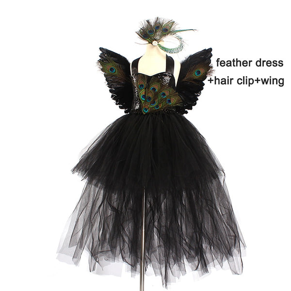Fancy Peacock Feather Girl Tutu Dress with Wing Kids Deluxe Peacock Tutu Costume Halloween  Party - Cute As A Button Boutique