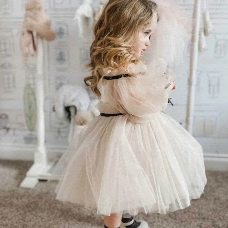 Baby Girl Princess Off Shoulder Tutu Dress Long Sleeve Child Vintage Tulle Party Wedding Birthday dress - Cute As A Button Boutique
