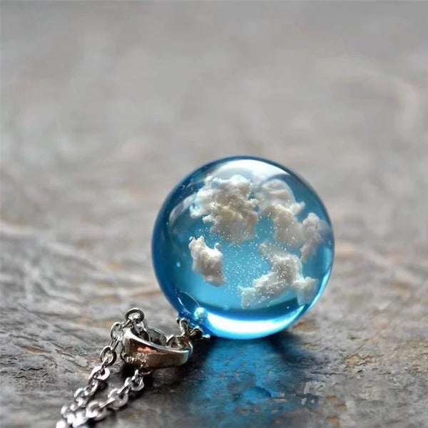 For every necklace you buy, we plant a tree! Earth Necklace, Creative handmade jewelry, blue sky white clouds, transparent spherical resin pendant
