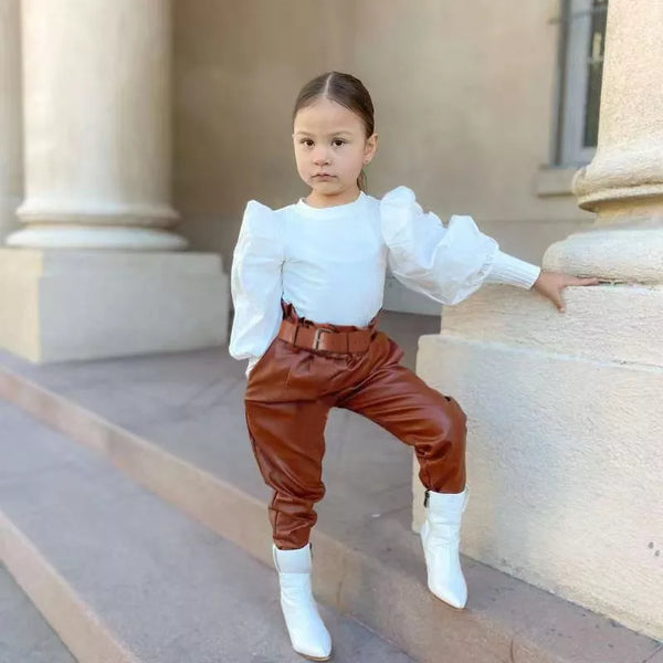 Winter Fall Girls Clothes Set Puff Sleeve T Shirt Top PU Leather Belt Pants - Cute As A Button Boutique