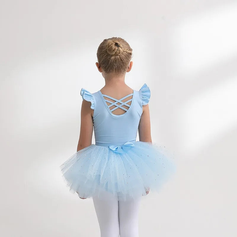 Sparkle Ballet Tutu Skirt Gymnastics Mesh Girl Leotard Flutter Short Sleeve Ballerina Dress - Cute As A Button Boutique