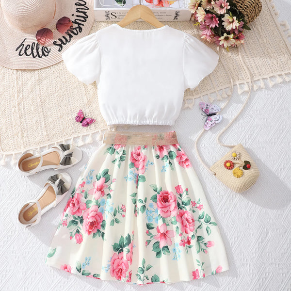 Summer Leisure Elegant Short Sleeve Shirt Flower Skirt with Belt Set