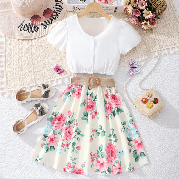 Summer Leisure Elegant Short Sleeve Shirt Flower Skirt with Belt Set