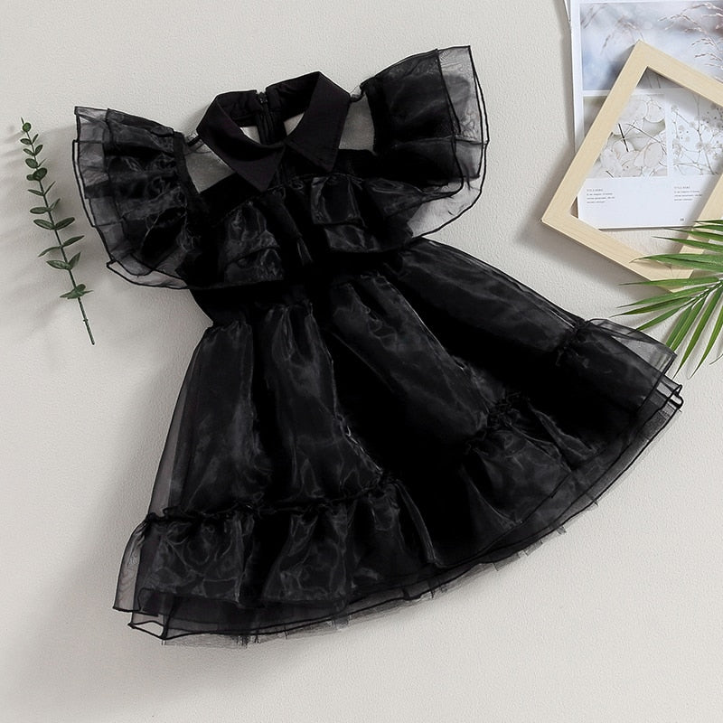3-9Y Fashion Little Girls Halloween Party Dress Ruffles Sleeve Turn Down Collar Lace Mesh Tulle Dress - Cute As A Button Boutique