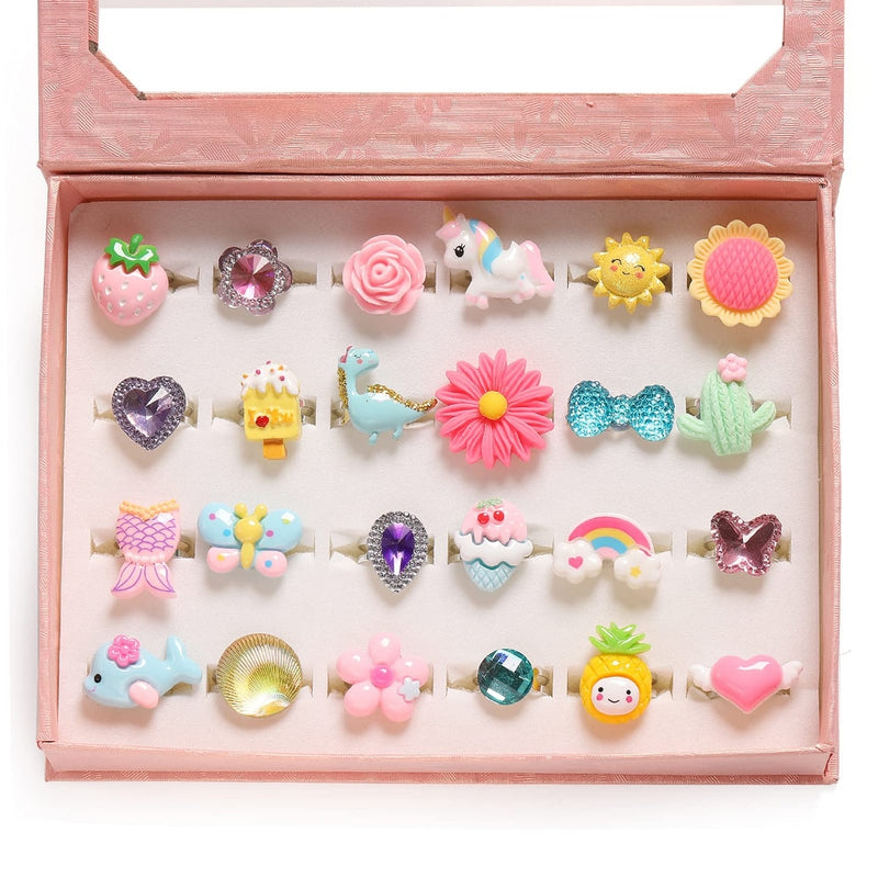 Little Girl Jewel Rings In Box, Adjustable, No Duplication, Girl Pretend Play And Dress Up Rings (24 Lovely Ring) - Cute As A Button Boutique
