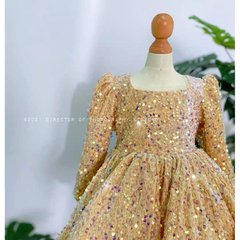Christening Girl Dresses Golden Lace Sequin Tulle Princess Dress Party Wedding Baptism 1st Birthday outfit - Cute As A Button Boutique