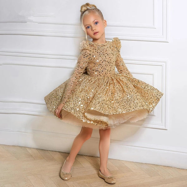Christening Girl Dresses Golden Lace Sequin Tulle Princess Dress Party Wedding Baptism 1st Birthday outfit - Cute As A Button Boutique