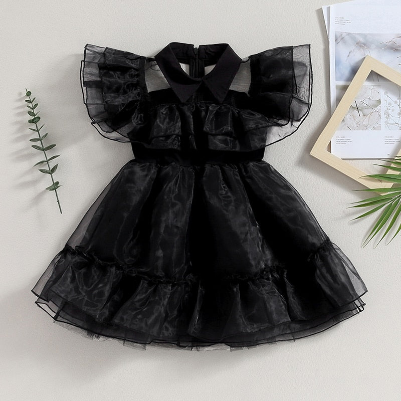 3-9Y Fashion Little Girls Halloween Party Dress Ruffles Sleeve Turn Down Collar Lace Mesh Tulle Dress - Cute As A Button Boutique