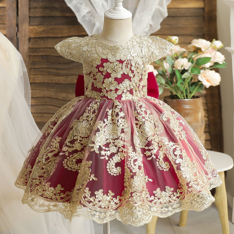 Toddler Burgundy Christmas Dress Baby Girl First Birthday Embroidery Flower Tutu Gown - Cute As A Button Boutique