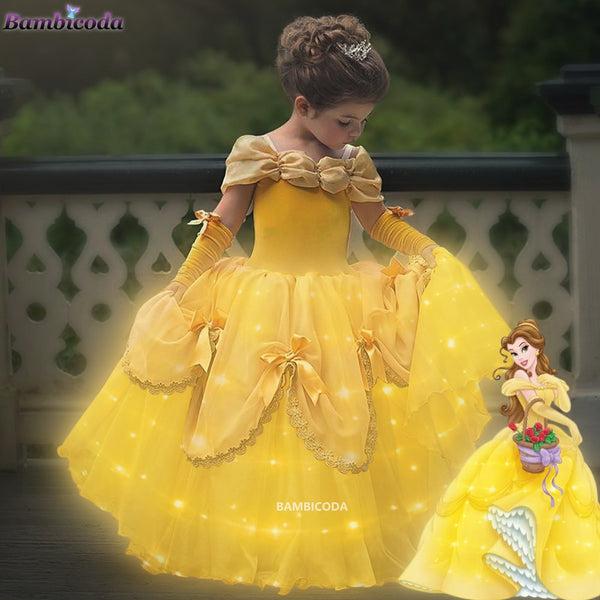 Girl Belle Dress Up Children Party Princess Costume LED Light Kids Beauty and The Beast Halloween Carnival Outfit - Cute As A Button Boutique