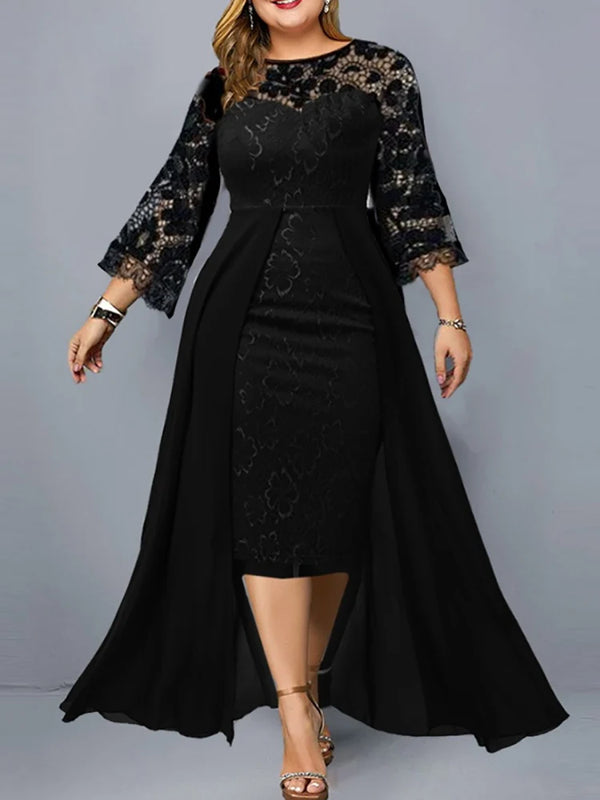 Plus Size Party Dresses Spring Summer Long Sleeve Lace Floral