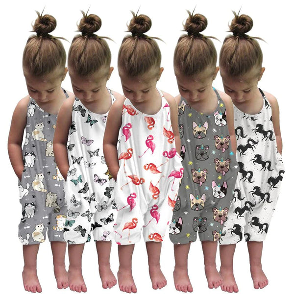 Kids Girls Pocket Jumpsuits New Summer Baby Girl Cartoon Print Overalls Jumpsuit Bodysuits Soft Girls Fashion Sunsuits Outfit